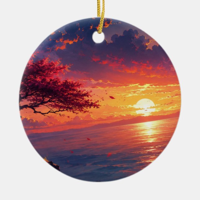 Serene Sunset Ocean Landscape Ceramic Ornament | V (Front)