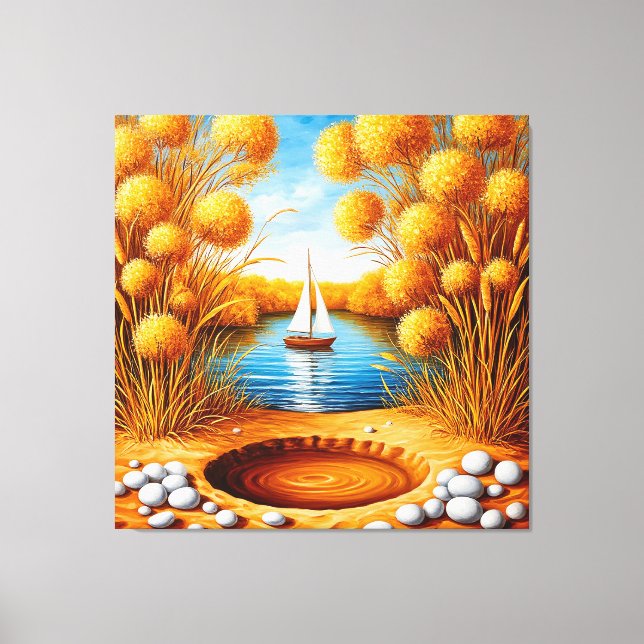 Serene Sunset Over a Lake With Sailboat Canvas Print (Front)