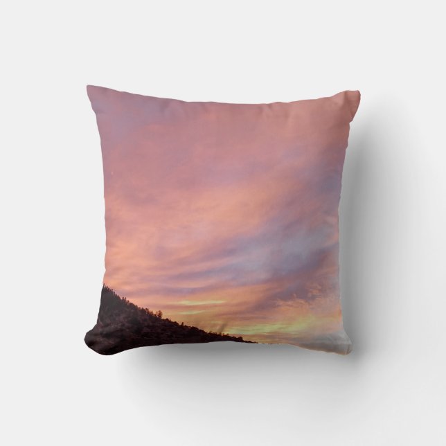 Serene Sunset Over Mountain Ridge With Pink Orange Cushion (Front)