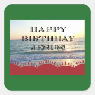 Serene Sunset Over Ocean Happy Birthday Jesus Square Sticker