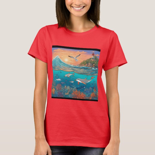 Serene Sunset Over Ocean with Soaring Seagulls T-Shirt (Front)
