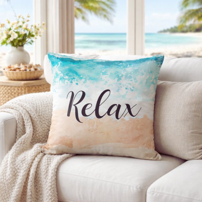 Serene Teal Coastal Ocean Waves Relax Beach Cushion (relax ocean beach pillow)