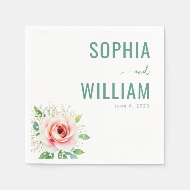 Serene Teal Floral Rose Napkin (Front)