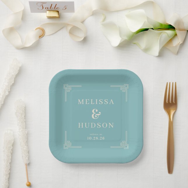 Serene Teal Geometric Elegence Paper Plate (Wedding)