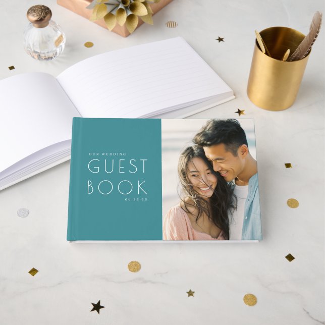 Serene Teal Minimalist Photo Guest Book (Front Open)
