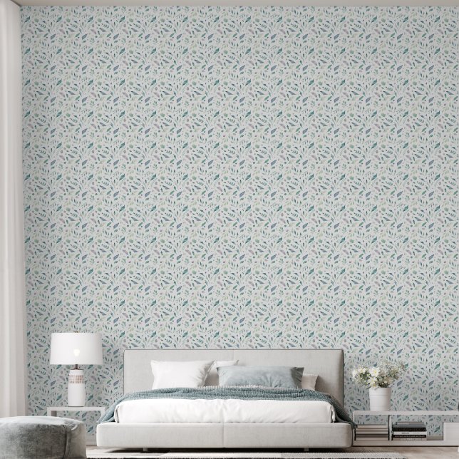 Serene Teal & Sage Leaves Wallpaper (Bedroom)