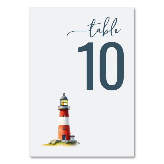 Serene Teal Watercolor Lighthouse Table Number (Front)