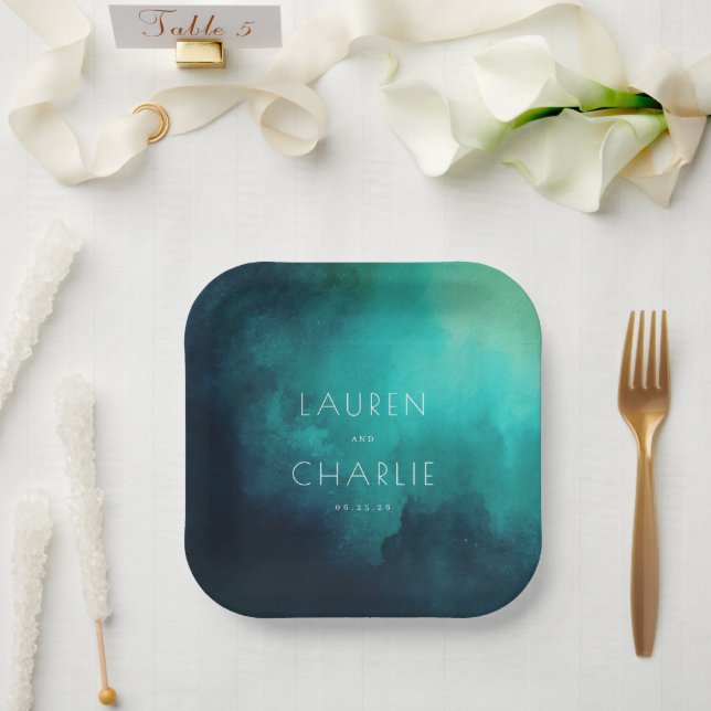 Serene Teal Watercolor Paper Plate (Wedding)