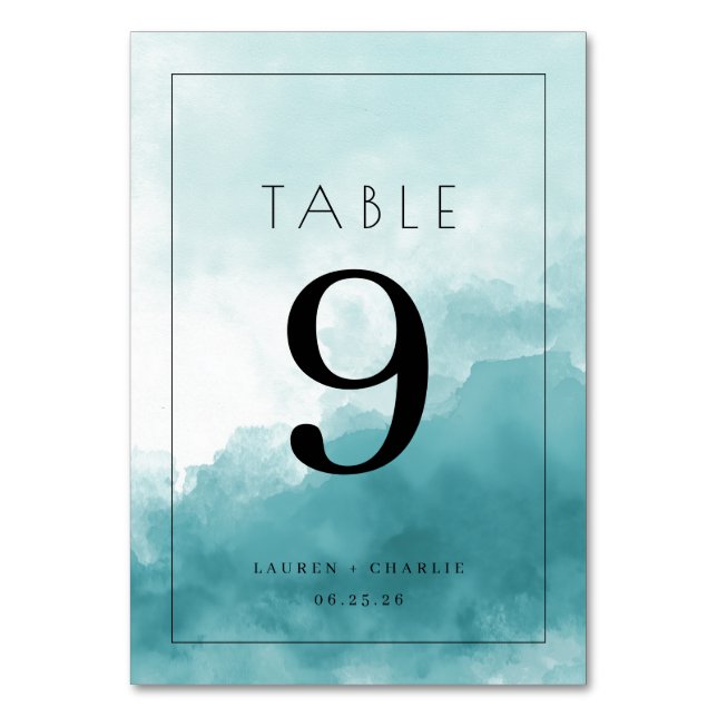 Serene Teal Watercolor Table Number (Front)