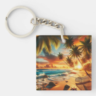 Serene Tropical Sunset Beach Painting Key Ring