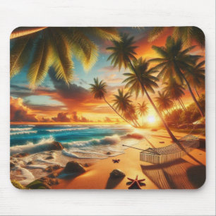 Serene Tropical Sunset Beach Painting Mouse Pad