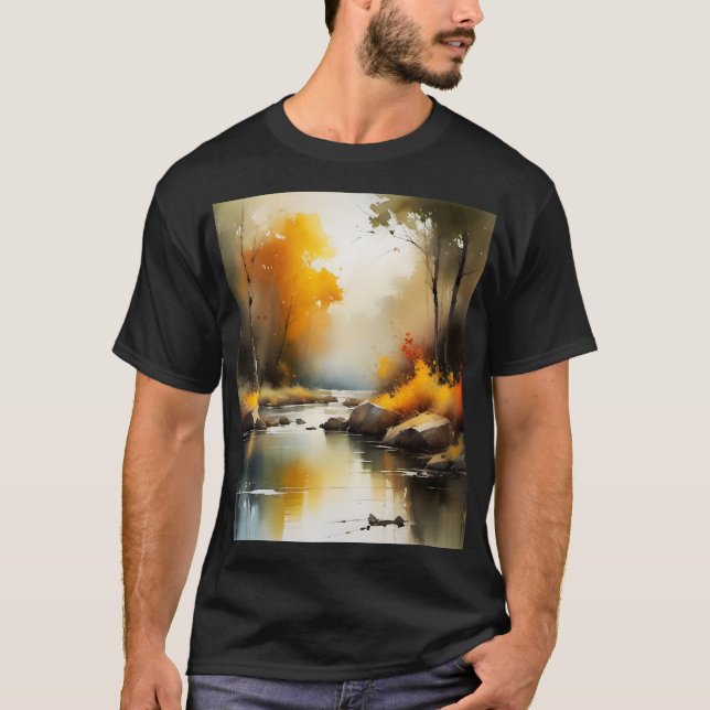 Serene vibrant Autumn river landscape painting T-Shirt (Front)