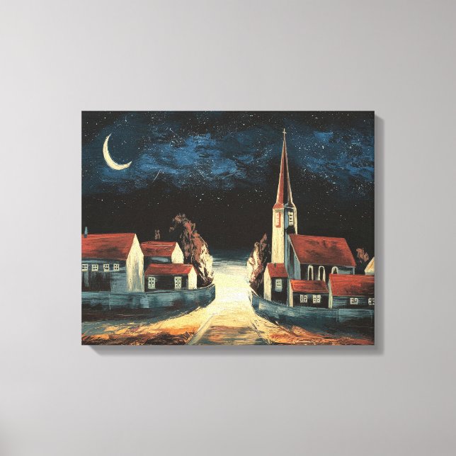 Serene Village Under Crescent Moon Canvas Print (Front)