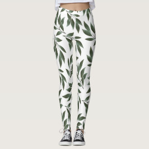 Serene Watercolor Branches Green Leaves Pattern Leggings