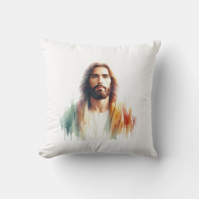 Serene Watercolor Jesus Christ Portrait – Spiritua Cushion (Front)
