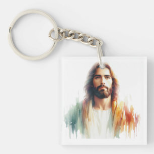 Serene Watercolor Jesus Christ Portrait – Spiritua Key Ring