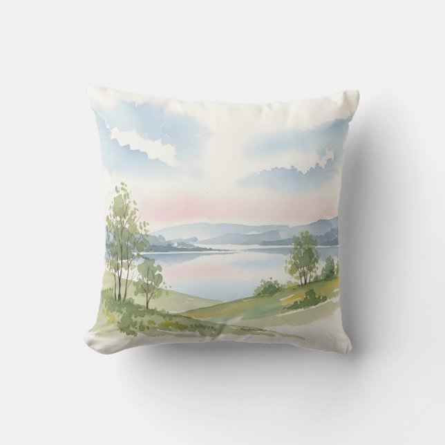 Serene Watercolor Lake Landscape Nature Cushion (Front)
