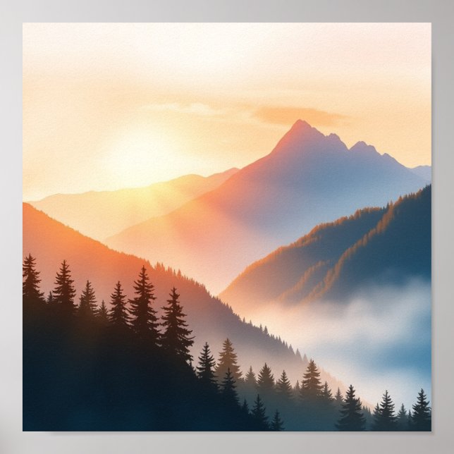 Serene Watercolor Mountain Landscape Wall Art (Front)