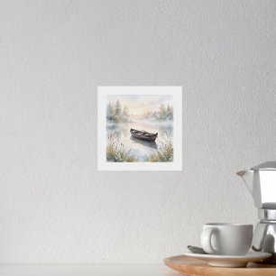 Serene Watercolor Rowboat on Misty Lake at Sunrise Foil Prints