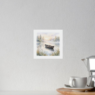 Serene Watercolor Rowboat on Misty Lake at Sunrise Foil Prints