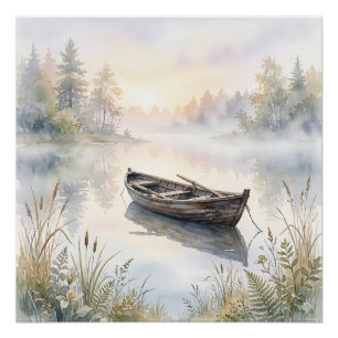 Serene Watercolor Rowboat on Misty Lake at Sunrise Poster