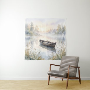 Serene Watercolor Rowboat on Misty Lake at Sunrise Tapestry