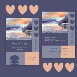 Serene Watercolor Sunset Lake Modern Grid Wedding Invitation