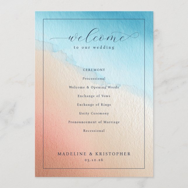 Serene Watercolor Wedding Ceremony Programme (Front)