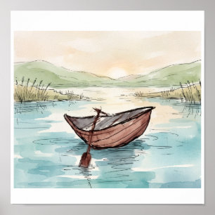 Serene Watercolor Wooden Boat Lake Scene Poster
