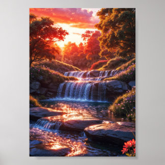 Serene Waterfall at Sunset Vertical Poster