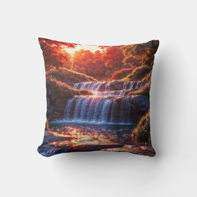 Serene Waterfall at Sunset Vertical Poster Cushion (Front)