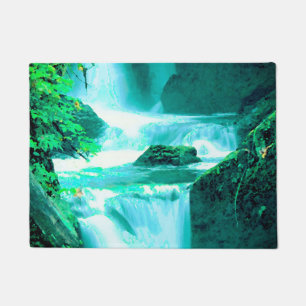 Serene Waterfall in Blue and Green Doormat