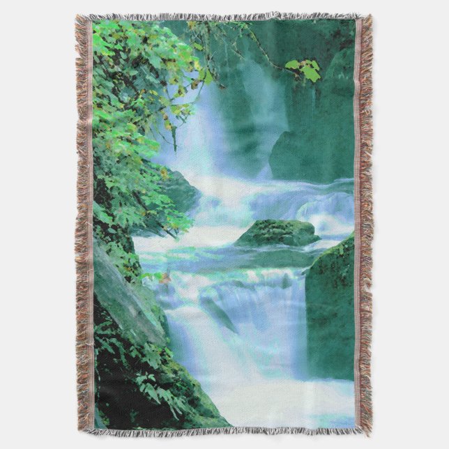 Serene Waterfall in Blue and Green Throw Blanket (Front Vertical)