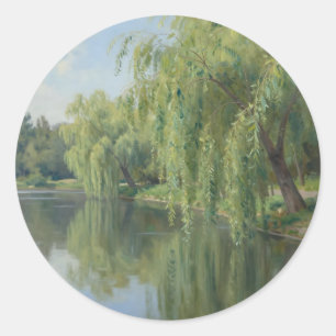 Serene Weeping Willow Pond Landscape Classic Round Sticker