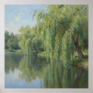 Serene Weeping Willow Pond Landscape Poster