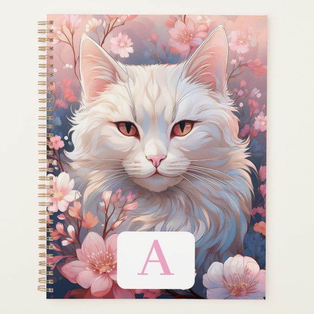 Serene White Cat Planner with Monogram (Front)