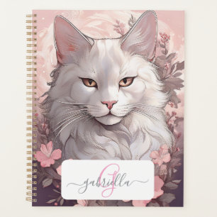 Serene White Cat Planner with Name & Monogram