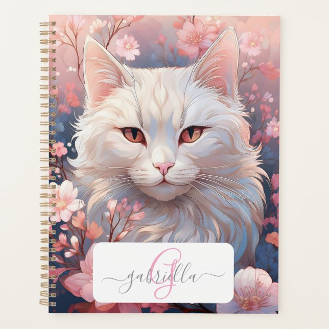 Serene White Cat Planner with Name & Monogram (Front)