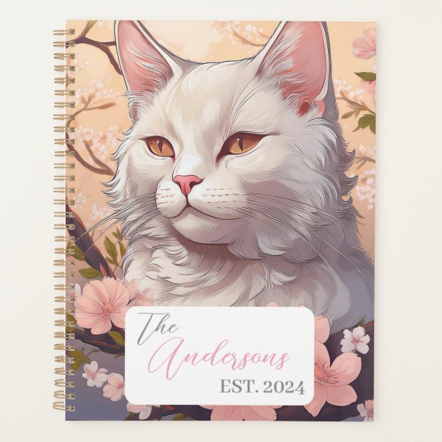 Serene White Cat Planner with Name & Year (Front)