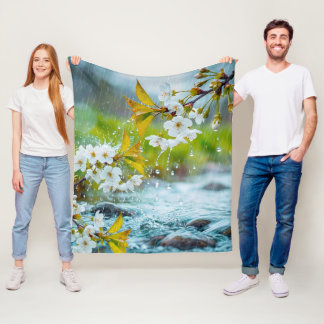 Serene White Cherry Blossoms in Spring Rain & Stre Fleece Blanket
