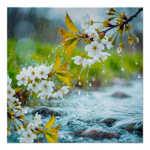 Serene White Cherry Blossoms in Spring Rain & Stre Poster