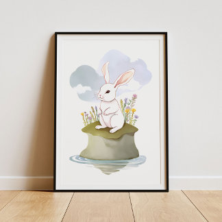 Serene White Rabbit on Meadow Island Poster
