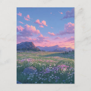 Serene Wildflower Meadow and Purple Mountain Postcard