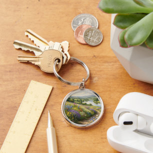 Serene Wildflower Valley Painting - Peaceful Natur Key Ring
