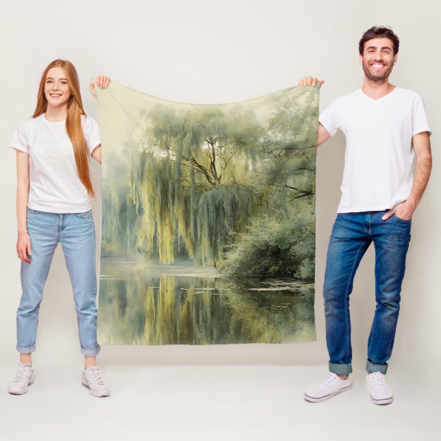 Serene Willow Tree Reflection Nature Art (10) Fleece Blanket (In Situ)