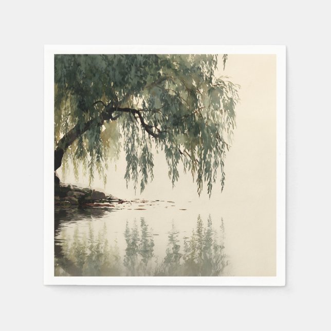 Serene Willow Tree Reflection Nature Art (11) Napkin (Front)