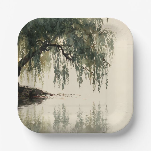 Serene Willow Tree Reflection Nature Art (11) Paper Plate (Front)