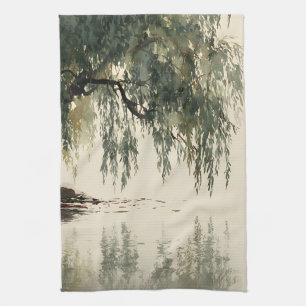 Serene Willow Tree Reflection Nature Art (11) Tea Towel