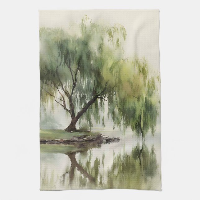 Serene Willow Tree Reflection Nature Art (12) Tea Towel (Vertical)