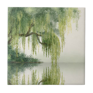 Serene Willow Tree Reflection Nature Art (14) Tile